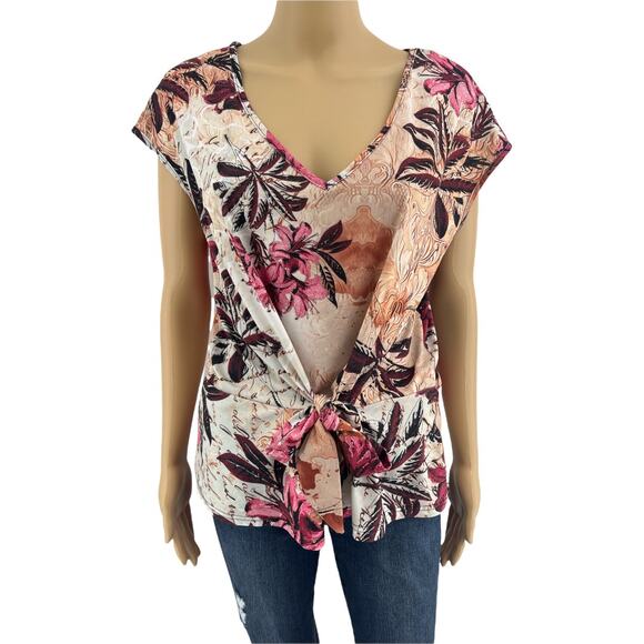Lily SMALL Cream Pink Floral Art to Wear Cap Sleeve Waist Tie Peplum Top Blouse - Picture 1 of 6